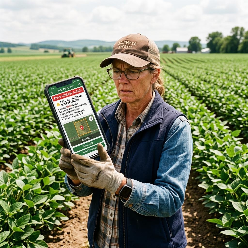 Farmer checking mobile alert