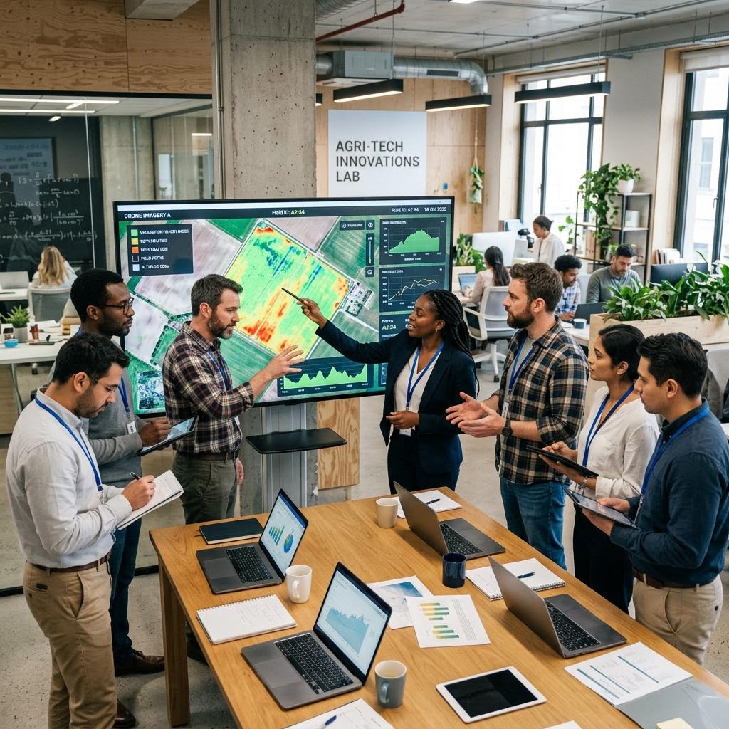 Team collaborating on drone imagery