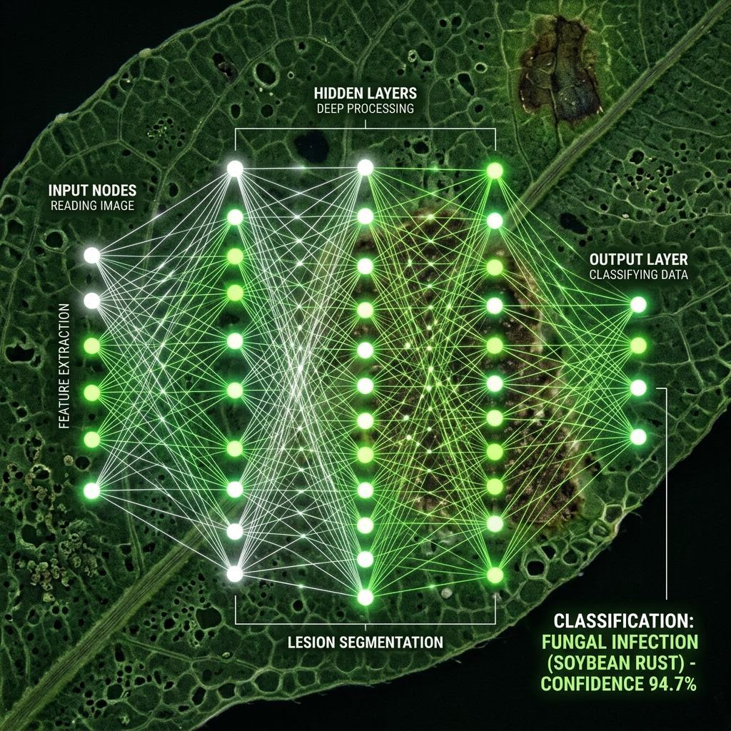 Neural network overlaid on crop leaf
